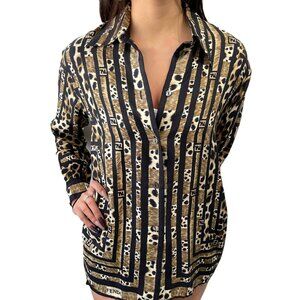 FENDI Vintage Big FF Zucca Logo Silk Shirt Top Leopard Brown Black Silk [104015]